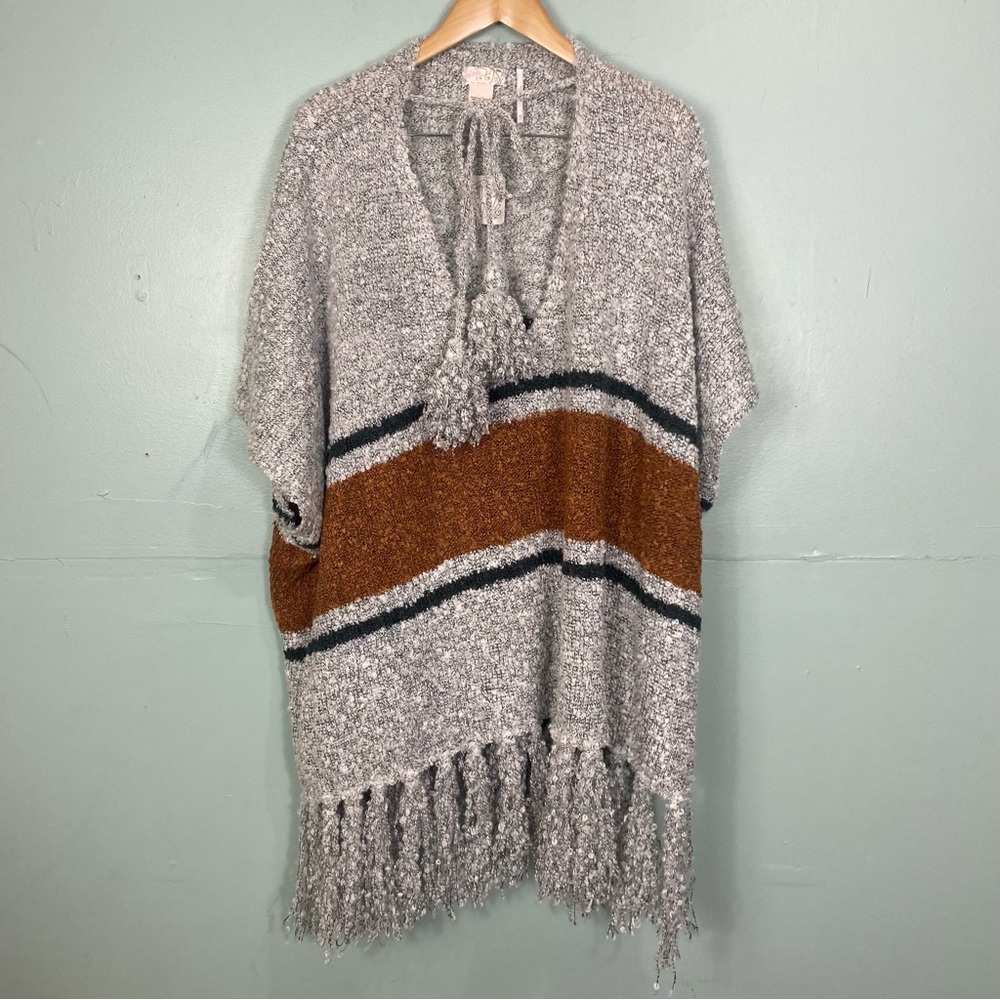 Free‎ People Oversized Sweater Gray Brown Fringe Slouchy One Size Poncho